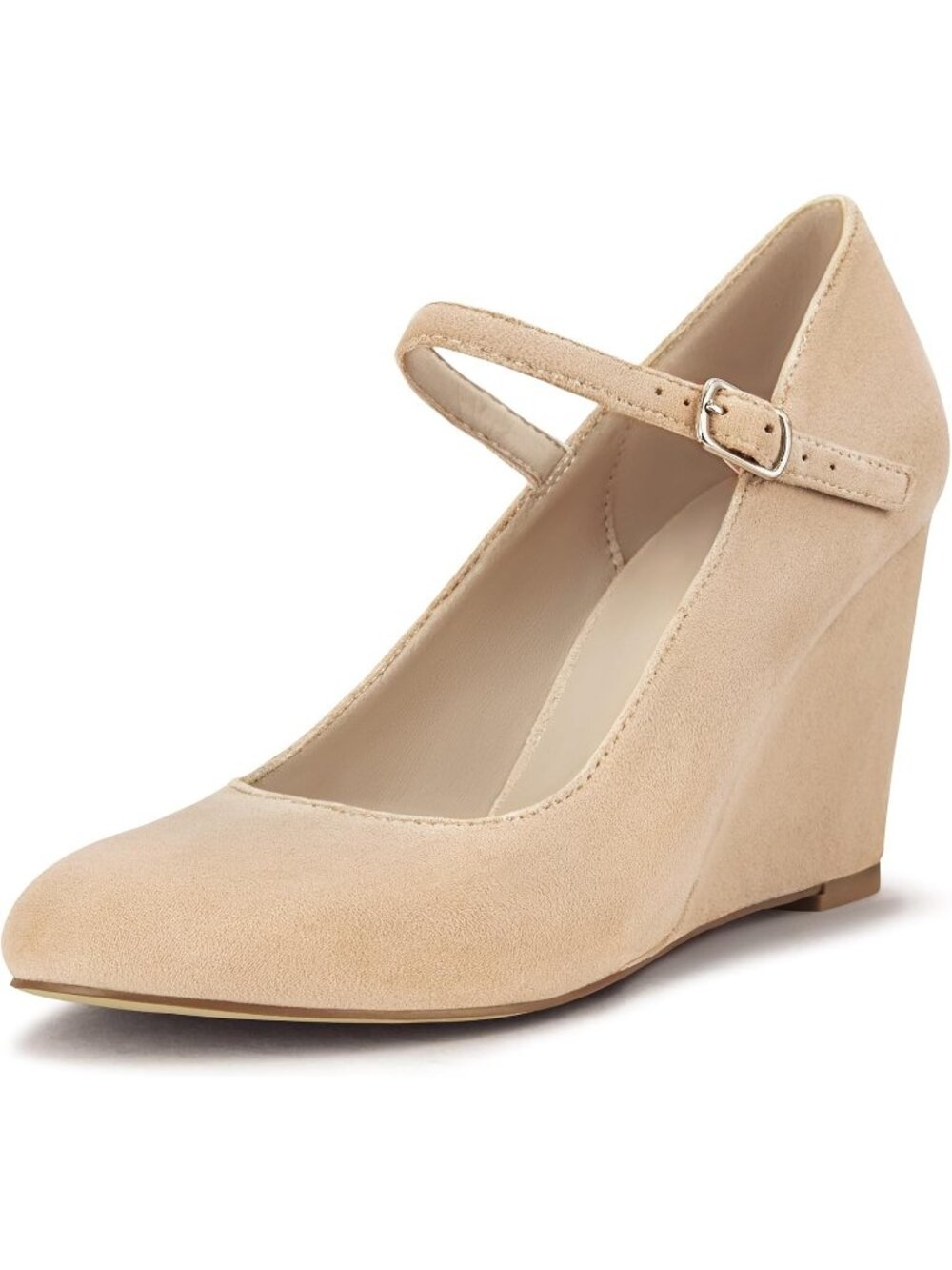 Women's Nude Suede Wedge Pumps With Ankle Strap Closed Toe Dressy Heels Shoes